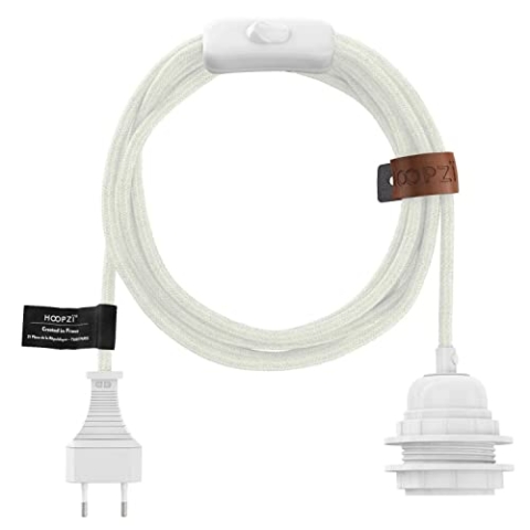 Hoopzi - Bala - Fassung e27 mit Kabel - Lampenfassung e27 mit Kabel und Schalter - Textilkabel mit Fassung - Lampenkabel - Pendelleuchte - 4,5 Meter - Weißes Leinen