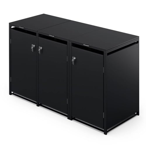blumfeldt BinSafe Mülltonnenbox – Wetterfest Verzinkter Stahl, Für 60L/120L/240L, Schloss, Modernes Design, Mülltonnenverkleidung für 3 Tonnen, Schwarz