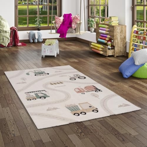 Happy Kids Kinder Baustelle Bunt Creme - Weich, Strapazierfähig & Schadstoffgeprüft - Hoch-Tief-Struktur, 100% Polypropylen, Pflegeleicht, rutschfest - Perfekt für Kinderzimmer