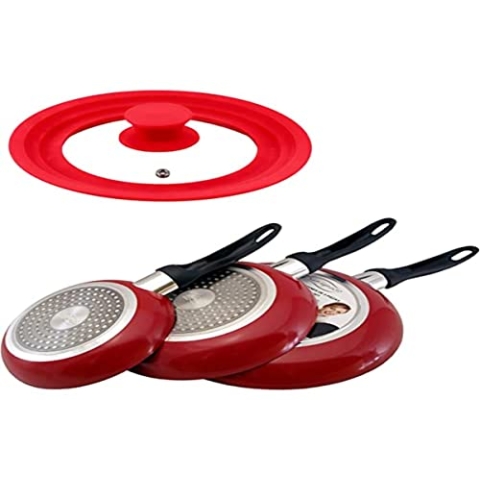San Ignacio Set mit 3 Sartens PK1781 Pfannenset mit 3 Pfannen Ø16 Ø20 Ø24 cm Marmor Beschichtung + Universaldeckel in Farbe, aus Glas, Aluminium, Rot