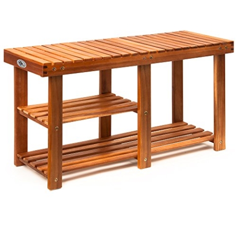 Casaria® Schuhbank mit Sitzfläche 87 x 45 x 30 cm 160kg Belastbarkeit 3 Ebenen Akazie Holz Massiv Flur Diele Bad Sitzbank Schuhregal Schuhschrank Braun