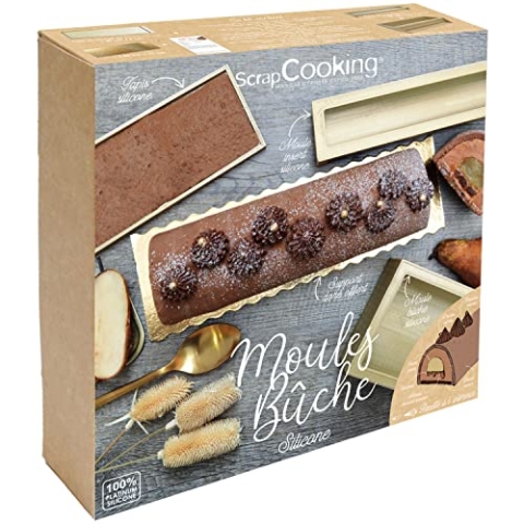 ScrapCooking 1939 Silikonform für Weihnachtskuchen – mit Einsatz, Biskuitmatte, goldfarbener Halterung und Rezept für Holzscheite, Birne, Schokolade – weiche Regenrinne – goldfarben