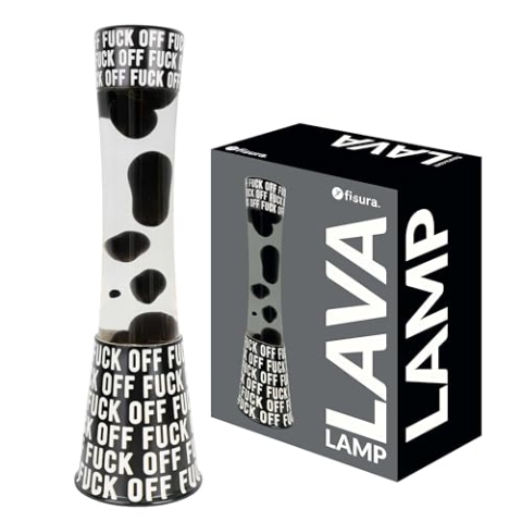 Fisura - Lavalampe f*ck off. Schwarzer Sockel mit Schriftzug, transparente Flüssigkeit und schwarze Lava. Entspannender Effekt. Mit Ersatzglühbirne. 11 cm x 11 cm x 39,5 cm.