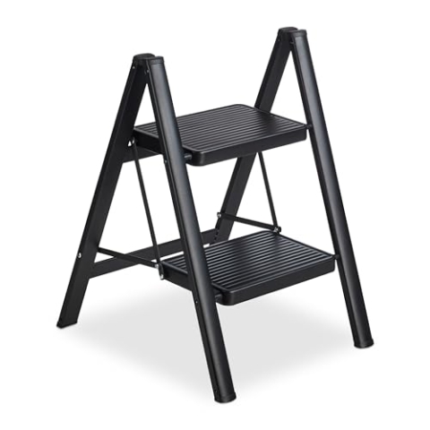 Relaxdays Trittleiter klappbar, 2 Stufen, leichte Treppenleiter Stahl, Leiter bis 120 kg, HxBxT 60 x 42 x 48 cm, schwarz
