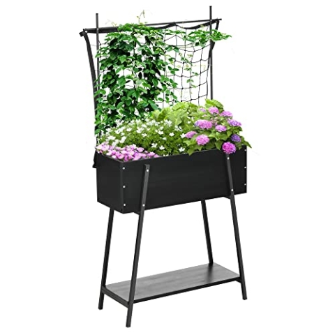 Outsunny Hochbeet mit Rankgitter, Blumenkasten mit Ablage, Wetterbeständige Anzuchtbeet für Terrasse, Balkon, Hinterhof, Massivholz, Schwarz, 89 x 34 x 168 cm