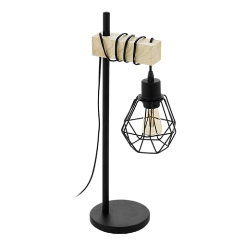EGLO Tischleuchte Townshend 5, Vintage Tischlampe im Industrial Design, Retro Lampe, Nachttischlampe aus Stahl, Holz, Farbe Schwarz, braun, FSC zertifiziert, Fassung E27, inkl. Schalter