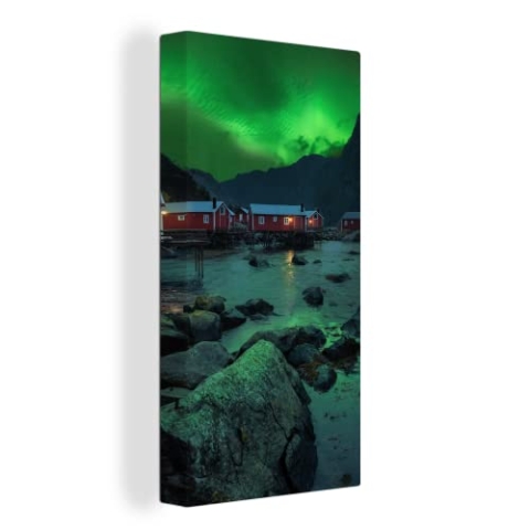 MuchoWow Leinwand Bilder, Einzigartige Wanddeko mit Rahmen, Nordlichter - Norwegen - Nacht, Wandbilder Wohnzimmer, Deko Schlafzimmer 40x80 cm