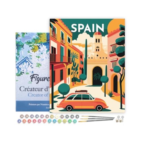 Figured'Art Malen Nach Zahlen Erwachsene Mit Rahmen Reiseplakat Sevilla - Paint by Numbers Basteln DIY Bastelset 40x50cm - Leinwand gespannt auf Holzrahmen