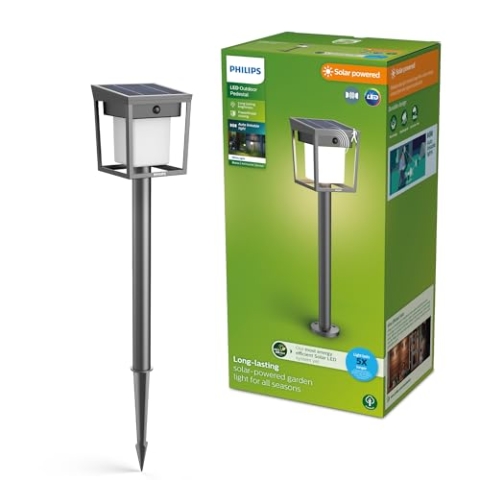 Philips Outdoor Ultra-Efficient Solar Blaise Sockelleuchte 1.5W, Linkable Funktion, Tageslicht- und Bewegungssensor, 3000 Kelvin, IP44, anthrazit