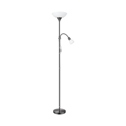 EGLO Stehlampe Up 2, 2 flammige Stehleuchte, Standleuchte aus Metall, Glas und Kunststoff, Wohnzimmerlampe in Nickel-Nero, Weiß, Lampe mit Schalter, Deckenfluter mit Leselampe, E27, E14