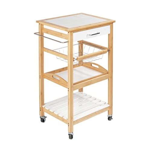 WENKO Küchenwagen Finja, Servierwagen aus nachhaltigem Bambus/MDF im Scandi-Style, Beistellwagen mit Schublade, Drahtkorb, herausnehmbarem Tablett & Ablage, vielseitig einsetzbar, 49 x 81 x 38 cm