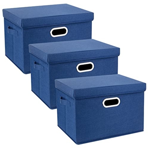TYEERS Aufbewahrungsbox mit Deckel Groß, Stoff, Faltbare, Waschbare, Kisten Aufbewahrung mit Deckel, 44x30x29 cm, 3-Stück, Klassisch Blau