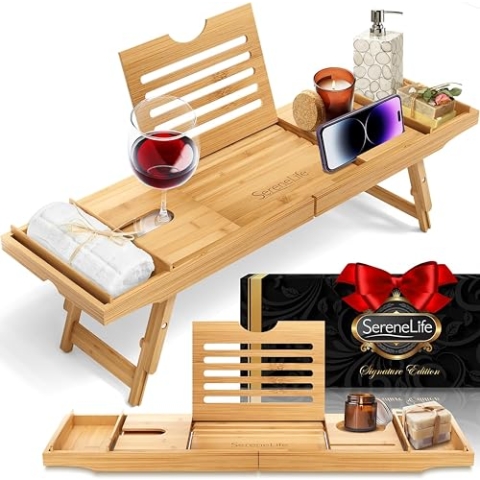 SereneLife 2-in 1 Ablage als Badewannenablage & Betttisch – Klappbares Badewannentablett Länge & Höhe Verstellbar – Wasserdichtes Betttablett für Bett & Badewanne – Robustes Sofa Tablett aus Bambus