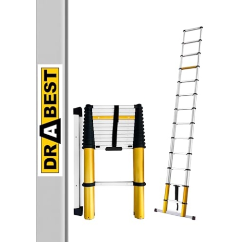 Drabest - MAX - Teleskopleiter - Leiter Ausziehbar - Klappleiter, Aluleiter - bis 150 kg - Mehrzweckleiter, Ausziehleiter - Aluminium Leiter, Klappbar - Leiter 13 Stufen - 0,88x3,81x0,11 m