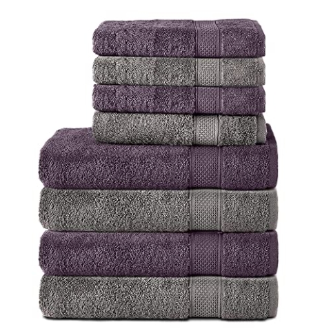 Komfortec 8er Handtuch Set aus 100% Baumwolle, 4 Badetücher 70x140 und 4 Handtücher 50x100 cm, Frottee, Weich,Groß, Anthrazit Grau/Violett