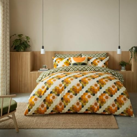 Orla Kiely Bettwäsche-Set, Retro-Blumenstreifen, mehrfarbig, 100 % Baumwolle, Bettbezug-Set für Doppelbett, 200 x 200 cm