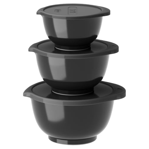 Rosti Margrethe Schüssel Set, Rührschüssel Set, 6-Teilig mit 3 Rührschüsseln und 3 Deckel, aus Recycelbarem Kunststoff, 0,25 Liter, 0,5 Liter und 0,75 Liter, Black Edition (Schwarz)