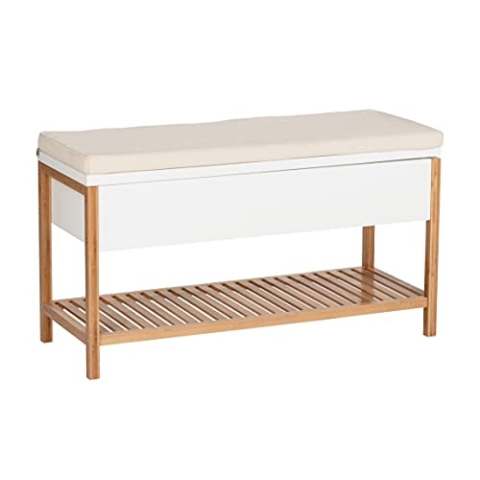 WENKO Schuhbank mit Staufach Mod. Finja, Sitzbank mit Sitzpolster, Stauraum und Schuhablage im Scandi Chic, Deckel aufklappbar, aus hochwertigem Bambus kombiniert mit MDF, 90 x 52 x 35 cm