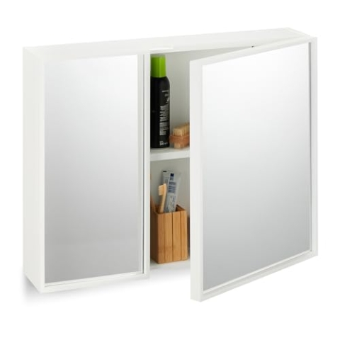 Relaxdays Spiegelschrank, 2-türig, Badschrank beidseitig verspiegelt, HBT: 50x65x15,5 cm, Badezimmer Hängeschrank, weiß