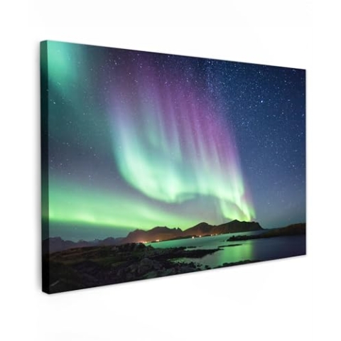 MuchoWow Leinwand Bilder, Einzigartige Wanddeko mit Rahmen, Nordlicht - Grün - Lila - Sternenhimmel - See - Berg, Wandbilder Wohnzimmer, Deko Schlafzimmer 120x80 cm