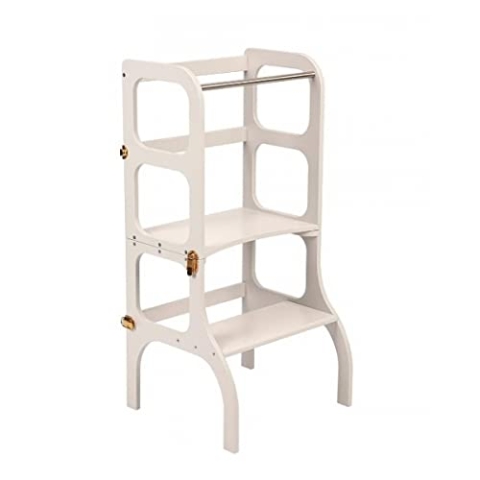 Ette Tete STEP'n'SIT® • Wandelbare Montessori Lernturm + Tisch, 2 in 1 (mit goldenen Verschlüssen, Grau)