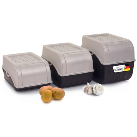 Novaliv Kartoffel Aufbewahrungsboxen Set | 3,5L + 5L + 9L | PERLMUT Weiss | Kartoffelboxen | Gemüseboxen stapelbar Zwiebelboxen Kartoffelkörbe Obstbehälter Kartoffelkisten Frischhaltedosen