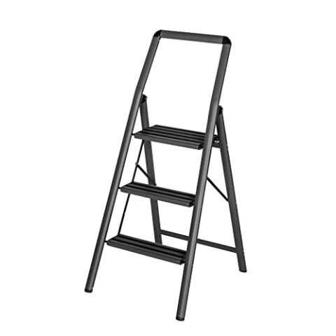 WENKO Leichte Aluminium Leiter Compact, 66 cm höher, Klapp-Trittleiter, 3 rutschsichere Stufen, Sicherheitsbügel & Haltegriff, 48 x 114,5 x 6 cm, Dunkelgrau