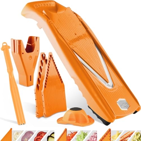 Börner Gemüsehobel V5 (Plus Set) • Verstellbarer V-Hobel mit extra viel Zubehör + Schäler • Gemüseschneider mit Edelstahl V-Klinge • Für Scheiben, Streifen, Würfel • Farbe: Orange