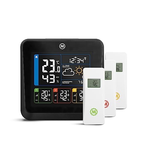 Marathon London – Wetterstation mit mehreren Zonen, 3 Sonden Thermo-Hygrometer, Farbdisplay, Hintergrundbeleuchtung verstellbar, Funkuhr, Luftdruck, integrierter Alarm