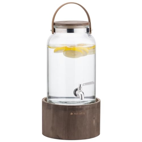 Navaris Getränkespender - Bowle Gefäß mit Deckel - Getränkespender Glas - Wasserspender Glas - Limonadenspender - Saftspender - Ledergriff und Holzständer - 5,6 Liter