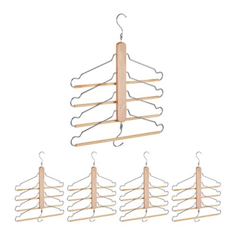 Relaxdays 5 x Mehrfachkleiderbügel im Set, Halter mit 20 beweglichen Bügeln, Schrank-Organizer, mit Metallhaken, Lotusholz, Natur