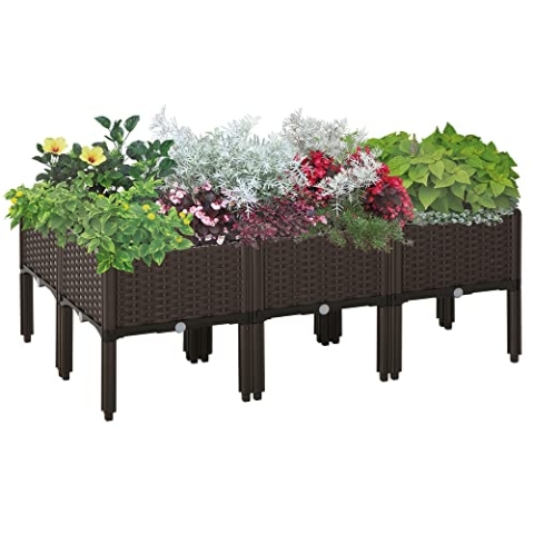 Outsunny Hochbeet 6-teiliger Pflanzkasten mit Abflusslöchern Rattan-Look Blumenkasten DIY Braun 40 x 40 x 44 cm
