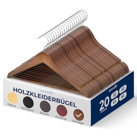 SereneLife Kleiderbügel Platzsparend Holz, 20 Stück, Kinderkleiderbügel & Erwachsene, rutschfest, Hangers Clothes Robust für Röcke, Hosen, Mäntel für Ihre Garderobe, Einkerbungen im Schulterbereich
