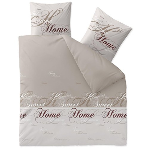 CelinaTex Touchme Biber Bettwäsche 200 x 220 cm 3teilig Baumwolle Bettbezug, Set, Bettgarnitur für Sommer und Winter, ganzjährig, pflegeleicht, Sarah Wörter beige braun weiß