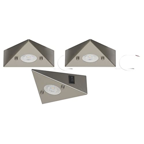 Trango 3er Set 6739-32 Küchenunterbauleuchte inkl. 3x 4.8 Watt LED Modul 3000K warmweiß ON/OFF Schalter *COOK* Edelstahl Einbauleuchte, Einbaustrahler, Dreieckleuchte, Schrankleuchte, Küchenleuchte