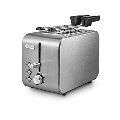 De'Longhi CTX2203.S Toaster mit Zange, stufenlose Steuerung des Bräunungsgrads, 3 Funktionen, Krümelschublade, rutschfeste Füße, Leistung 550 Watt, Kunststoff, Silber