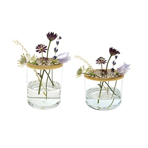 LaLe Living Vase Buket 2er Set aus Eisen und Glas mit Ornament Gold, Glasvasen H:6cm / H:8cm