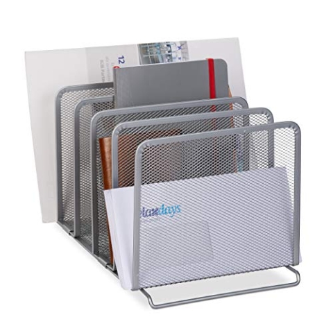 Relaxdays 4 x Katalogsammler, 5 Fächer, freistehender Dokumentenhalter aus Metall, Mesh Design, 19 x 20,5 x 37,5 cm, silber