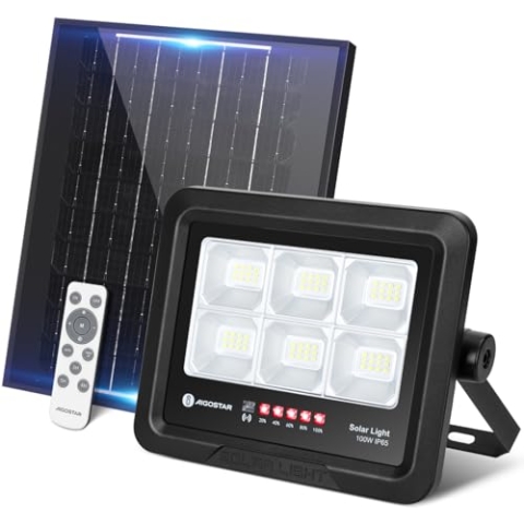 Aigostar Solarstrahler Außen Mit Fernbedienung 100W LED Strahler Außen Solar, Kaltweiß 6500K,IP65 Wasserdicht Solar Außenstrahler Einstellbare Helligkeit und Timing für Garten, Hof, Garage