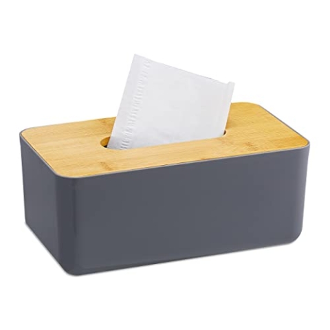 Relaxdays 10 x Taschentuchbox, nachfüllbar, Badezimmer, Tücherbox mit Bambus-Deckel, Kunststoff, HxBxT: 10x23x13 cm, grau/Natur