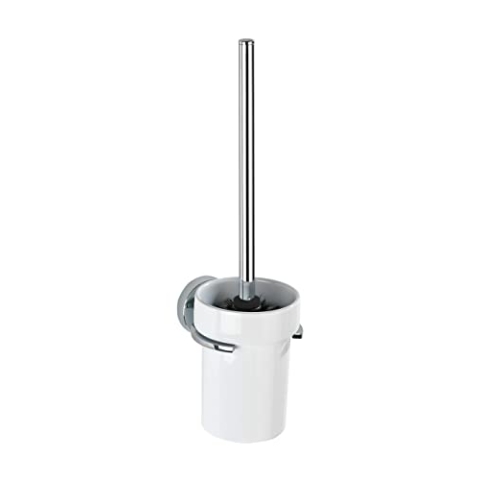 WENKO Vacuum-Loc® WC-Garnitur Capri, dekorativer WC-Bürstenhalter aus weißer Keramik kombiniert mit rostfreiem Zinkdruckguss, inkl. WC-Bürste, Befestigung ohne Bohren, 11 x 37 x 14,5 cm, Weiß/Silber