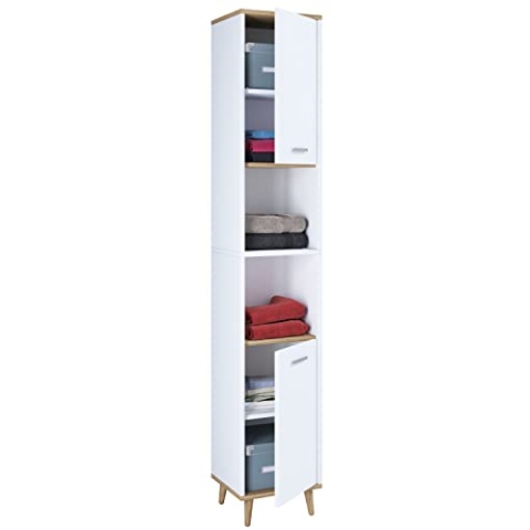 VCM Holz Badezimmerschrank | Badmöbel | Stand Badschrank | Badezimmer | Hochschrank | Maße ca. H. 181 x B. 32 x T. 28 cm - Landos Weiß/Honig-Eiche