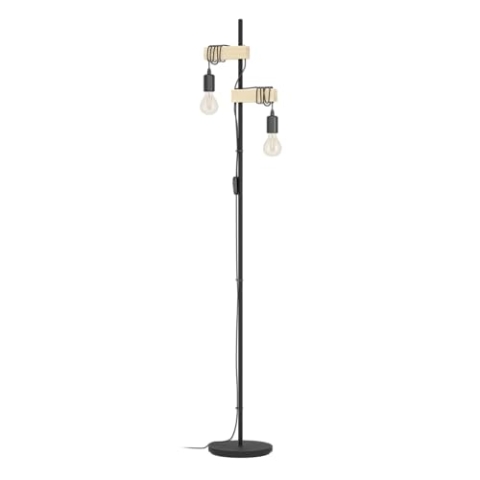 EGLO Stehlampe Townshend, 2-flammige Vintage Stehleuchte, Lampe mit Holzbalken, Retro Standleuchte aus Metall in Schwarz und Holz in Natur, FSC zertifiziert, E27 Fassung