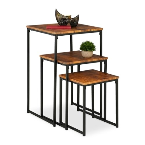 Relaxdays Beistelltisch 3er Set, stapelbar, Industrie Design, Satztisch 3 Größen, quadratisch, Metall, braun/schwarz