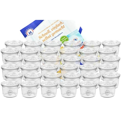 MamboCat 36er Set Weck Gläser 80ml Sturzgläser mit 36 Glasdeckeln mit Gelierzauber Rezeptheft von Diamantzucker I Original Weck Sturzglas Dessertglas I Einweckgläser mit Deckel für Kuchen Gelees