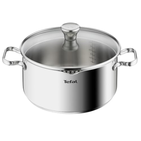 Tefal A70546 Duetto Kochtopf | 24 cm | induktionsgeeignet | einfache Reinigung in der Spülmaschine | Messskala | Glasdeckel zum Abgießen | Edelstahl