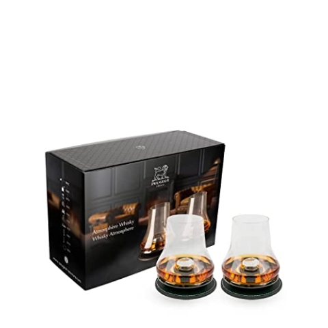 PEUGEOT- Whisky-Probierset - 2 Tasting-Sets (Whiskyglas + Kühlsockel + Untersetzer) + Verkostungsbooklet - Whisky-Geschenkset