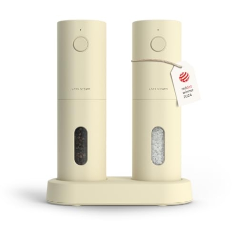 LARS NYSØM Salz und Pfeffer Mühle Elektrisch 2er Set mit einstellbarem Keramik-Mahlwerk von grob bis fein I Design Gewürzmühlenset Automatisch (2 Stück) (Almond Beige)