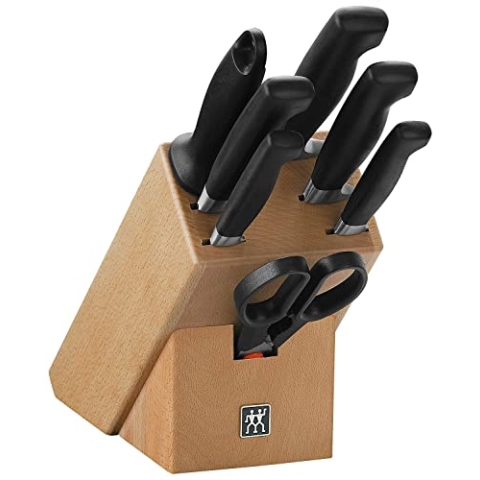 ZWILLING Vier Sterne Messerblock, 8-teilig, Holzblock, Messerset, Wetzstab und Schere, Rostfreier Spezialstahl, Ergonomischer Kunststoff-Griff, Schwarz [Made in Germany]