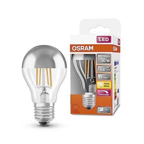 OSRAM LED SuperStar Classic A50 Dimmbare LED Lampe für E27 Sockel, Birnenform, FIL Mirror Silver, 640 Lumen, warmweiß (2700K), Ersatz für herkömmliche 50W Glühbirnen, 6er-Pack